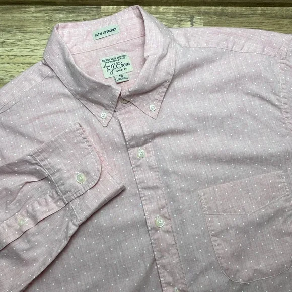 J. Crew Men Slim Untucked Secret Wash Shirt Pink Polka Dot Organic Cotton Medium