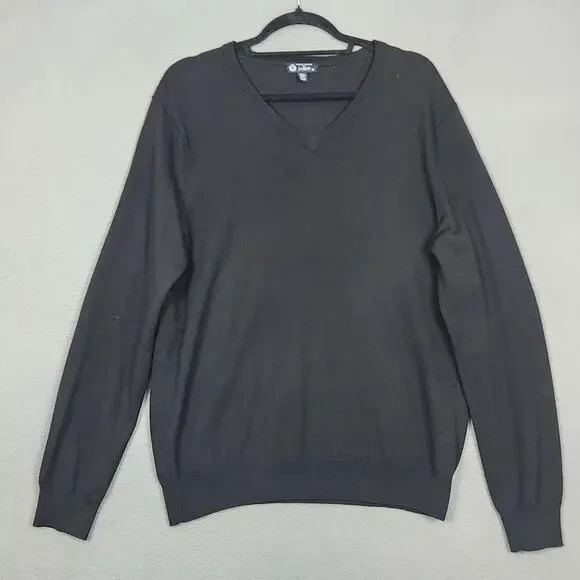 J Crew Sweater Mens Medium Black 100% Italian Merino Wool V Neck Knit Pullover