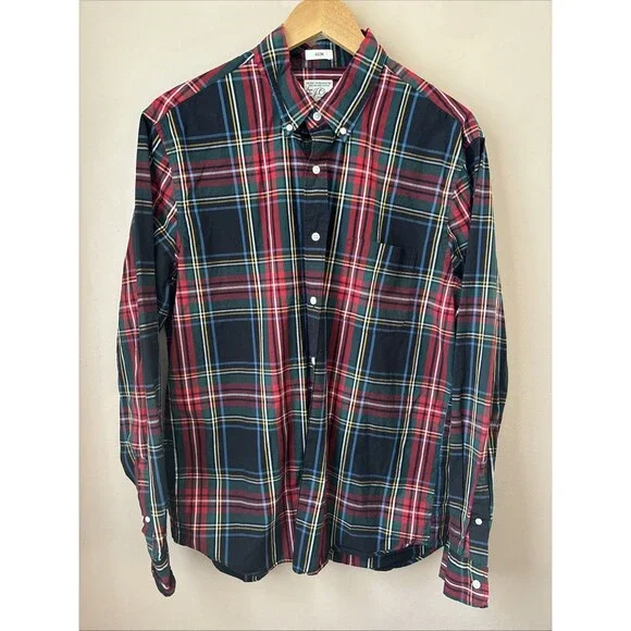 J.Crew Slim Button Up Shirt Mens L Red Plaid Organic Cotton Long Sleeve