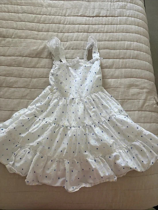 Janie and Jack White Dress with Blue and Yellow Polka Dots size 7.