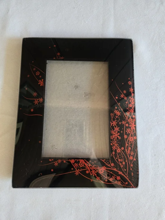 Sleek Beveled Photo Frame with Red Floral Vine Design On Black