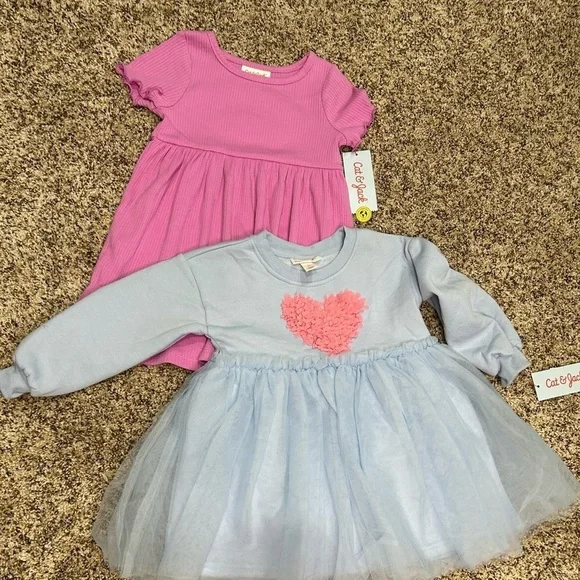 Cat & Jack Bundle Pink Baby Doll Dress & Baby Blue Dress Both New!