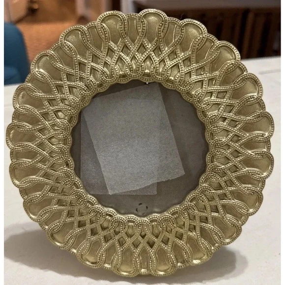 Round Lattice Braided Shimmer Gold Tone Metal Photo Frame - 4