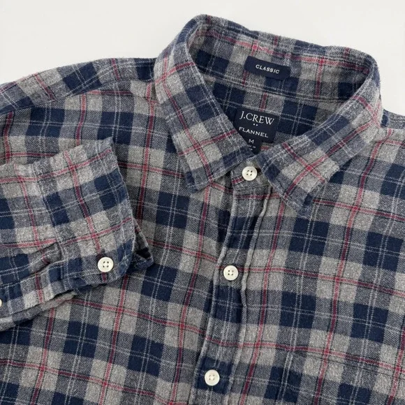 J Crew Classic Flannel Plaid Button Down Shirt‎ Mens Medium Blue Gray Red