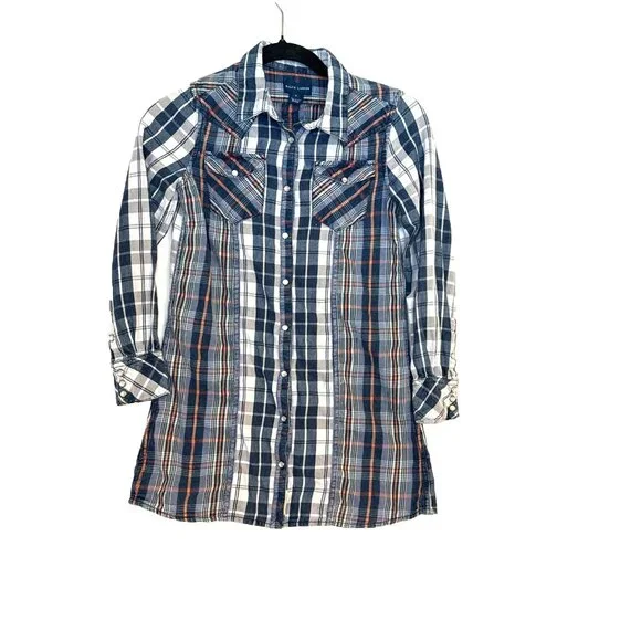 Ralph Lauren Girls ShirtDress 8 Blue with pink Plaid Pearl Snap Flannel Western