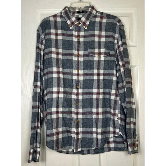 J Crew Slim Fit Plaid Flannel Button Down Men's Large Cotton Gray Red‎ White