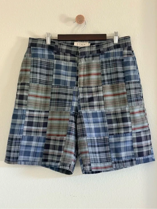 J.Crew‎ Patchwork Madras Blue Plaid Field Flat Front 100% CottonShorts | Size 33