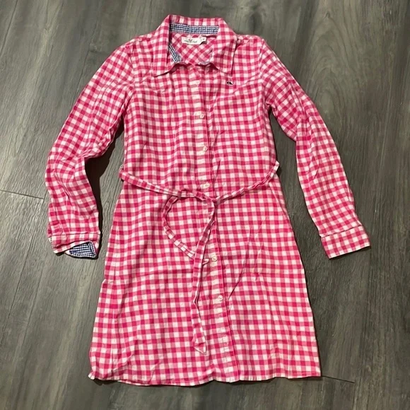 Vineyard Vines Pink Gingham Long sleeve shirt dress with tie belt size 12