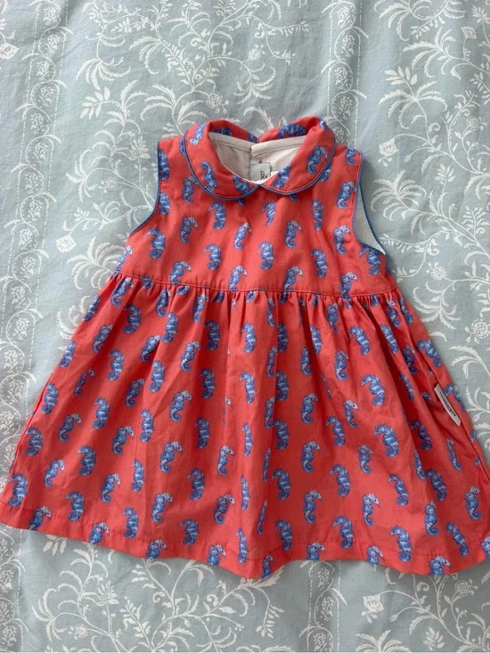 Girls Coral Seahorse Print Sleeveless Dress