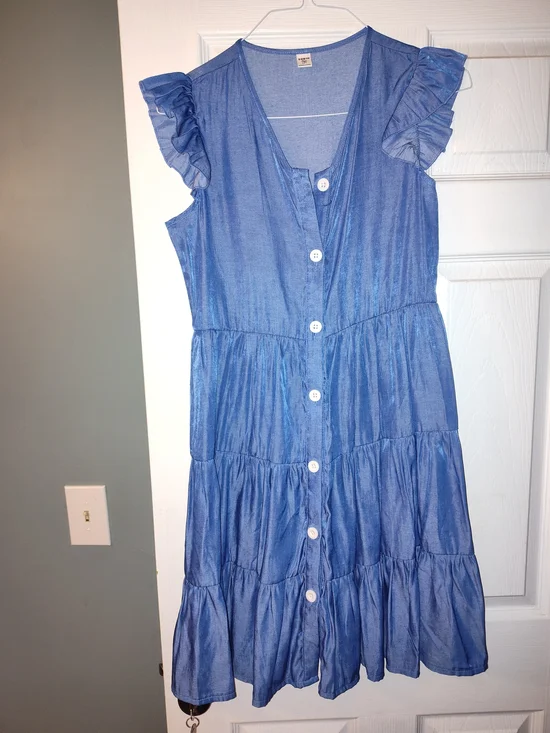 SHEIN Blue Button-Front Tiered Ruffle Dress for Girls