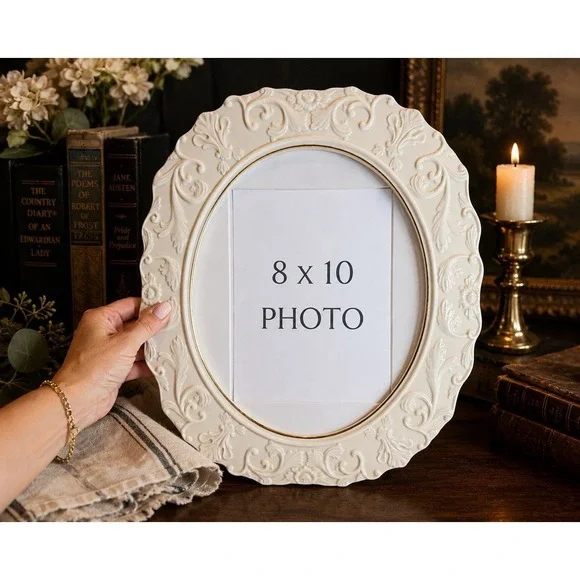 Lenox Ivory Embossed Oval Picture Frame Gold Trim Holds 8x10 Photo Elegant
