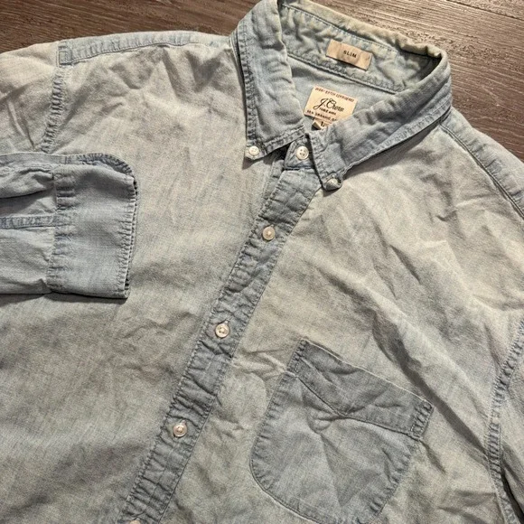 J Crew Shirt Men Large Blue Denim Chambray Cotton Slim Fit Western Country Rodeo