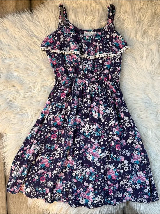 Girls 7/8 Purple Floral Sundress with Pom Trim