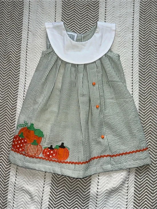 NWT Girls' Pumpkin Embroidered Green Stripe Dress with White Collar