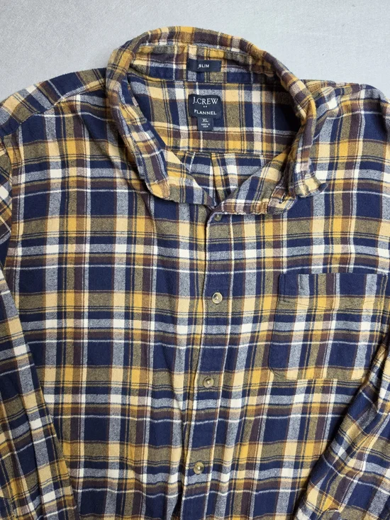 J.Crew Men's Yellow & Navy Plaid Flannel Shirt XL Slim‎