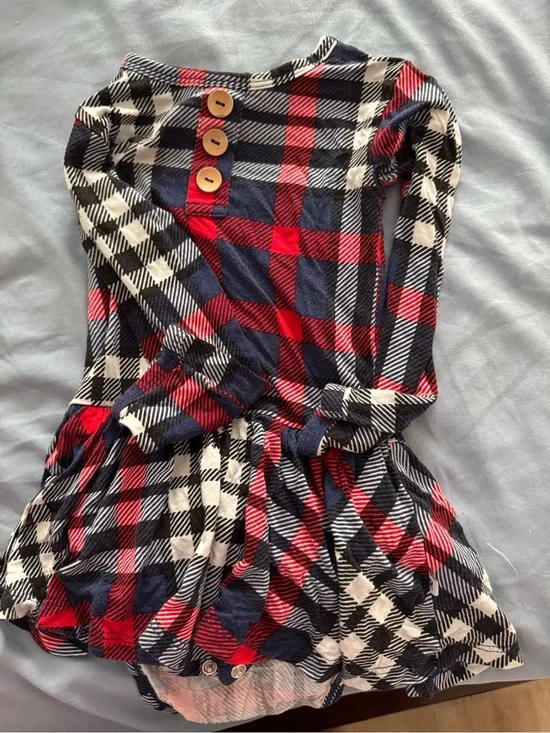 Girls' Red Navy and White Plaid Long-Sleeve Casual Dress