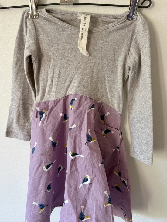 Girls' Lilac Bird-Print Casual Long Sleeve Dress