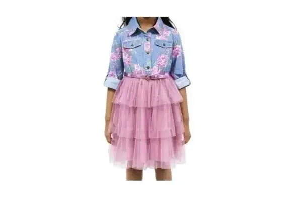 Pink & Violet Girls Floral Print Denim Bodice Tulle Tutu Dress w/ Metallic Belt