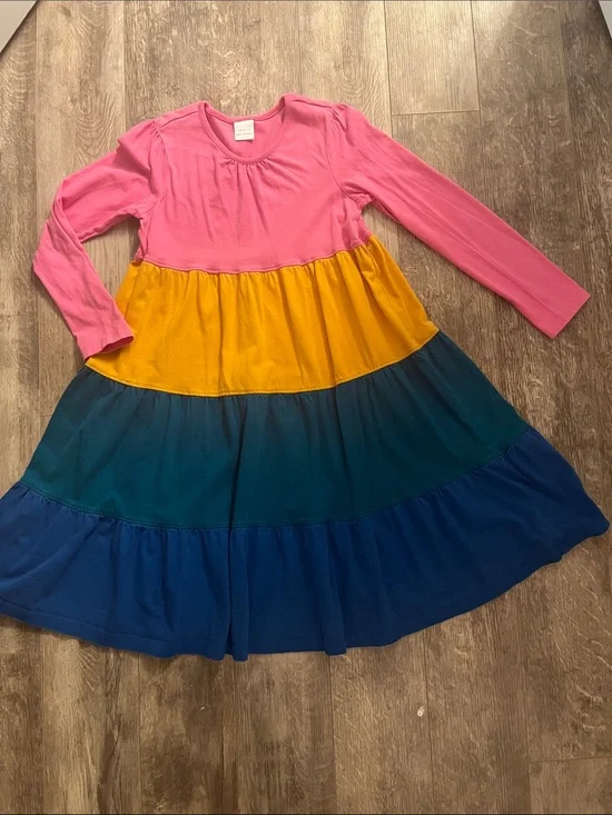 Hanna Andersson Pink, Yellow, Teal & Blue Tiered Long Sleeve Dress Size 10