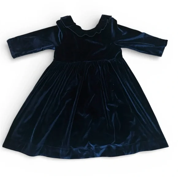 Pink Chicken Rich Navy Velvet Party Occasion Dress w Ruffle Collar- 5 T Girl