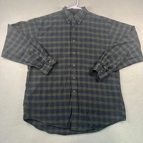J. Crew Mens Flannel Shirt Large Green Navy Blue Plaid Cotton Button Down L Long
