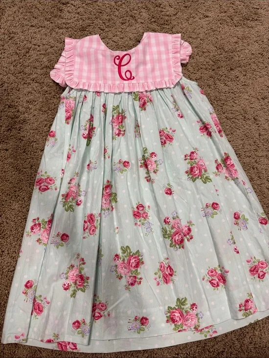 Girls Pink Gingham & Floral Cotton Dress with Monogram