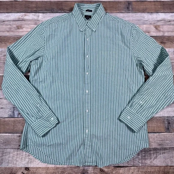 J.Crew Flex Washed Shirt Mens XL‎ Classic Fit Green White Striped Button Down