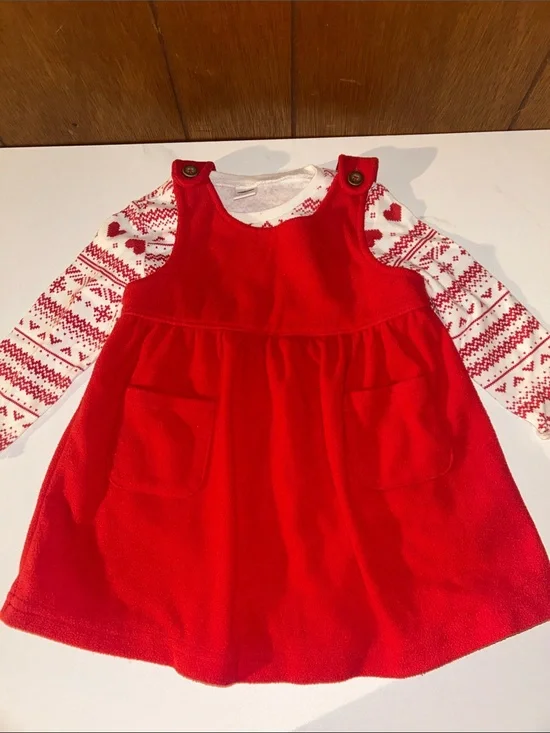 3/$25 Old Navy | Red Fleece Pinafore Dress with White & Red Knit Top