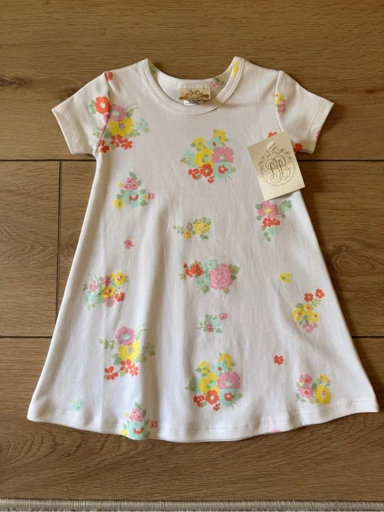 White Floral Print A-Line Dress with Pink, Yellow and Mint Accents