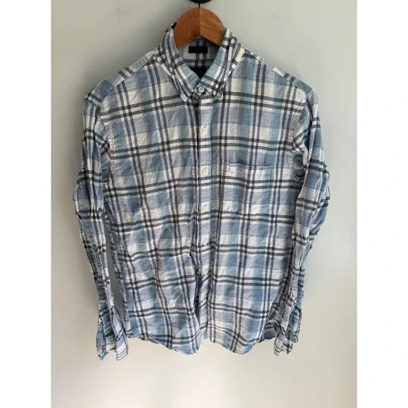 J.Crew Mens Slim Fit Plaid Button Down Shirt Blue White Medium Long Sleeve