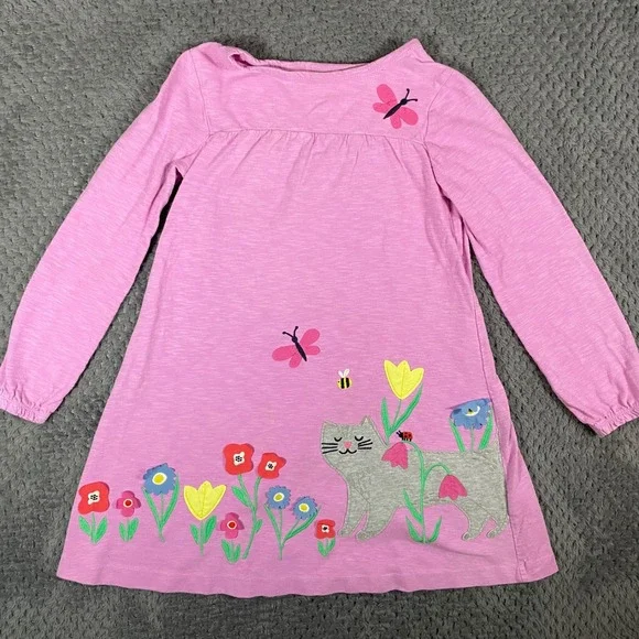 Mini Boden Girl Pink Slub Cotton Cat Flower Applique Long Sleeve Dress 8-9Y FLAW