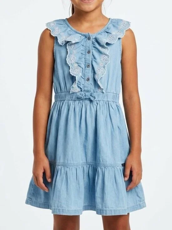 Calvin Klein Cottagecore Denim Ruffle Dress Kids Size 8 Eyelet Lace Chambray