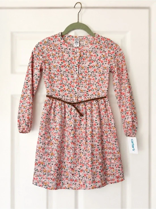 Carter’s Kid Girls Size 6/6X Pink Floral Long Sleeve Belted Dress NWT
