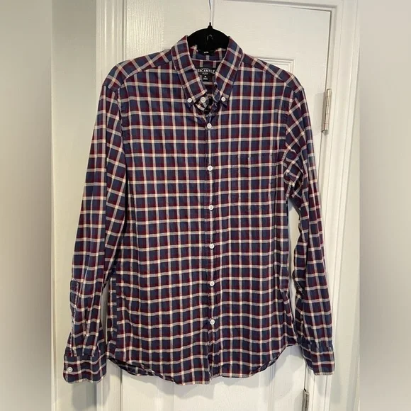J. Crew Mens Size M Blue Burgundy Plaid Cotton Flex Slim Button Down Shirt