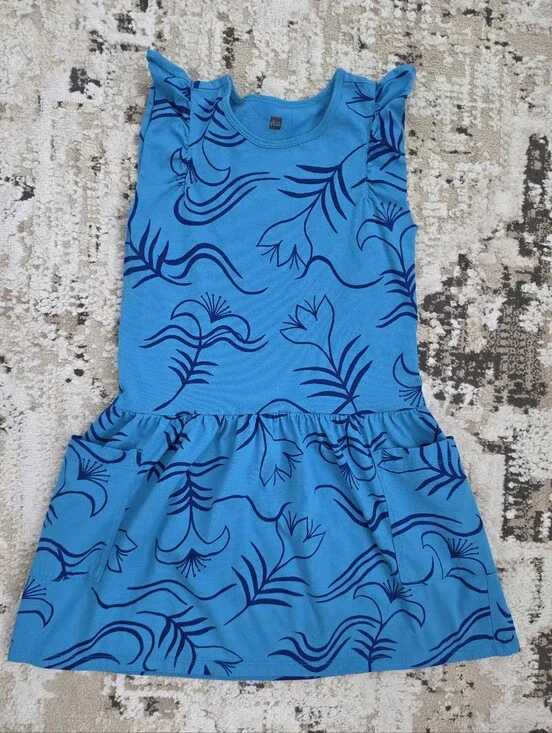 Tea Collection Girls Blue Floral Print Ruffle-Sleeve Dress Size 8