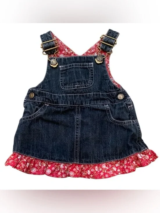 Gymboree Denim Floral Overall Jumper Dress 0-3 Months Pockets Cotton Red Blue