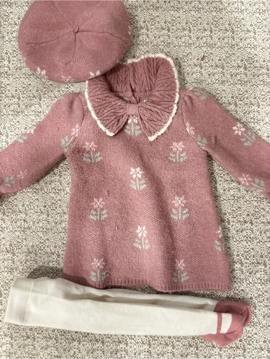 Girls' Dusty Rose Knit Dress with Peter Pan Collar