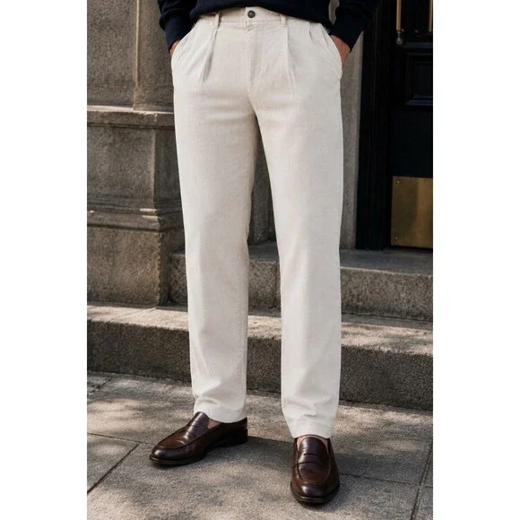 J Crew Pants Mens 36x32 Ivory 14 Wale Corduroy Pleated Trousers Old Money CO455
