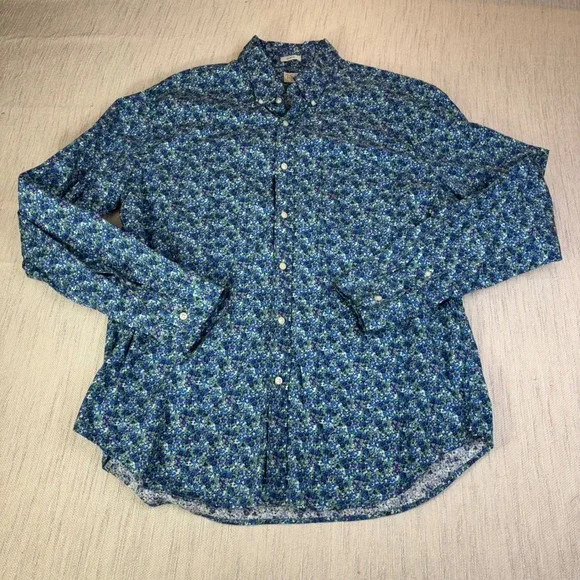 J.Crew Secret Wash Mens XL‎ Blue Green Floral Button Down Shirt Classic Fit