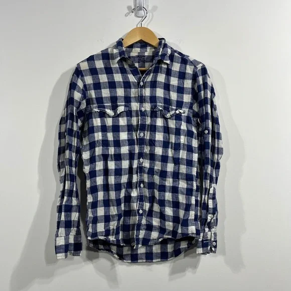J.Crew Baird McNutt Irish Linen Shirt Mens Small Blue White Plaid Preppy Coastal