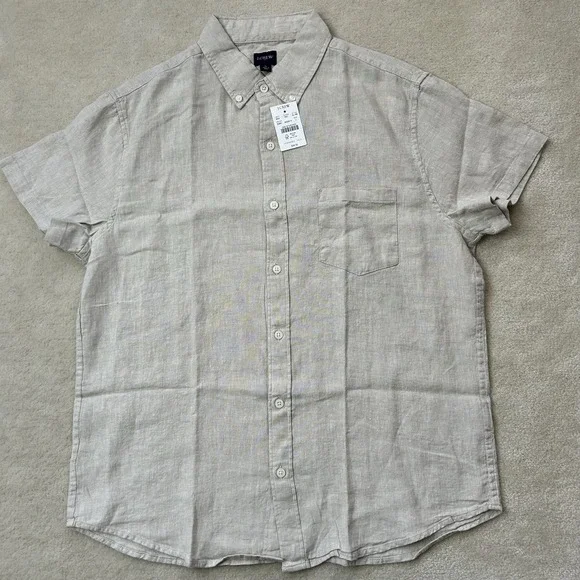 J Crew Shirt Mens Large Textured Linen Blend Short Sleeve Preppy Button Up