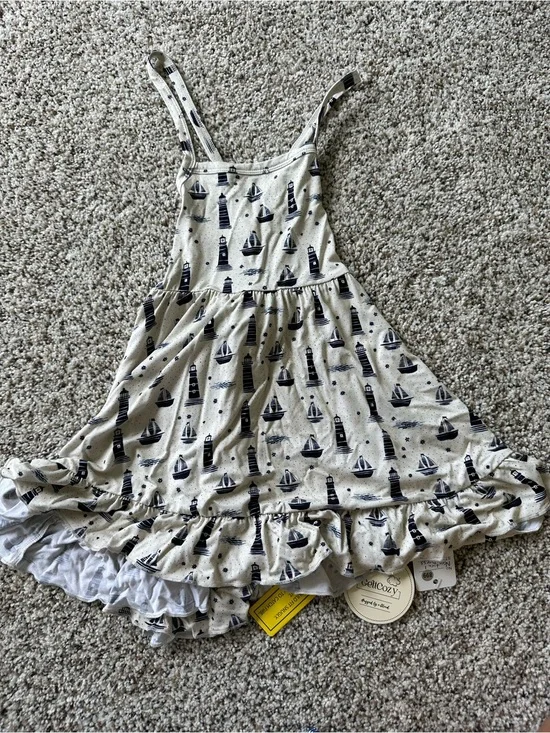 Girls Cream Nautical Sailboat & Lighthouse Ruffle Bamboo Sundress