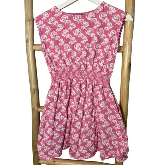 Mini Boden pink floral fit and flare cotton smocked waist dress  11-12Y