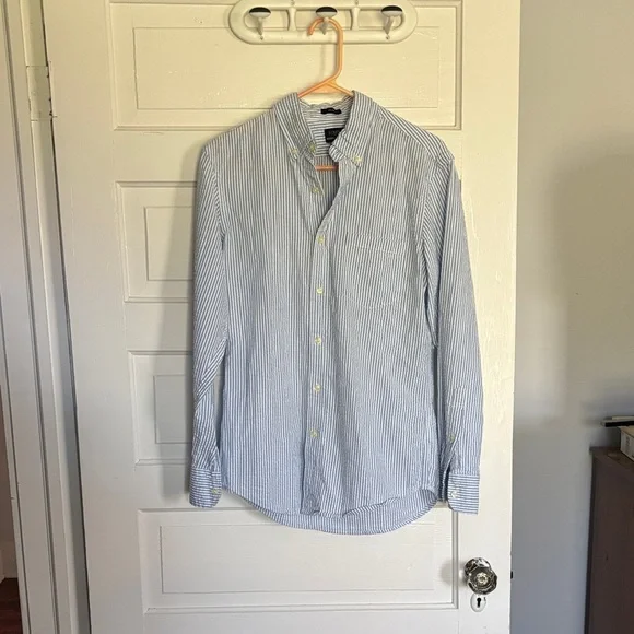 J. Crew Men's Light Blue & White Striped Seersucker Button-Down Shirt