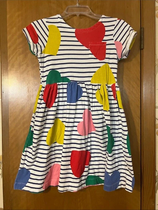 Mini Boden Navy Stripe Dress with Multicolor Heart Prints