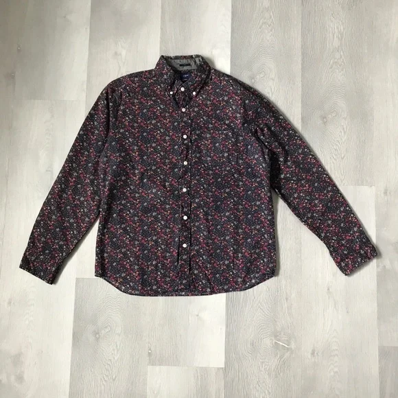 J CREW NAVY FLORAL SHIRT POPLIN LONG SLEEVE BUTTON MENS LARGE