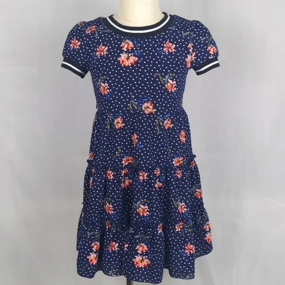 Zunie Floral tiered dress with ruffles tieback polka dot - blue - size 6X