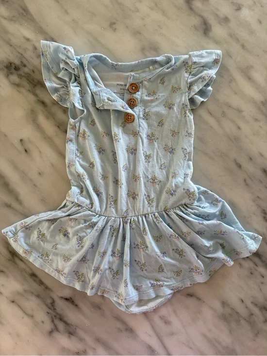 Posh Peanut Light Blue Floral Baby Dress Romper 6-12mo