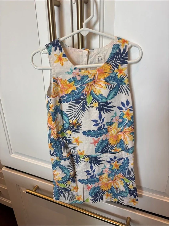 GAP White Sleeveless Linen Dress with Blue & Yellow Floral Print