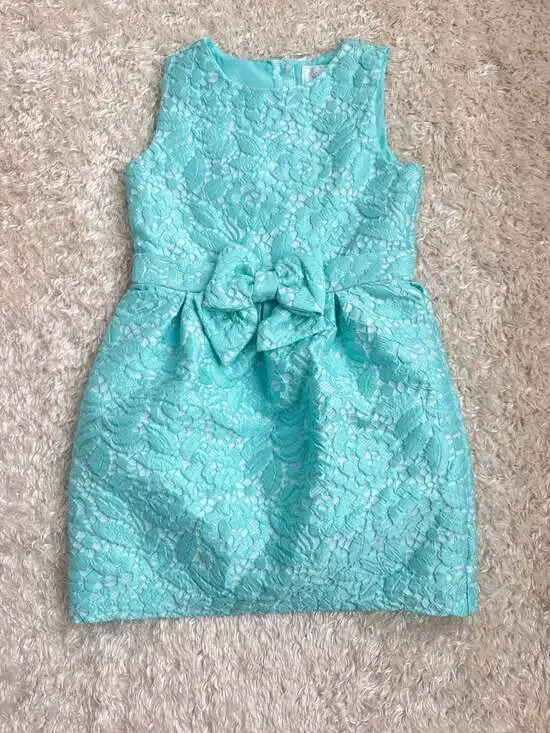 Dressed Up by Gymboree Girls Aqua Mint Jacquard Floral Lace Bow Dress Size 8